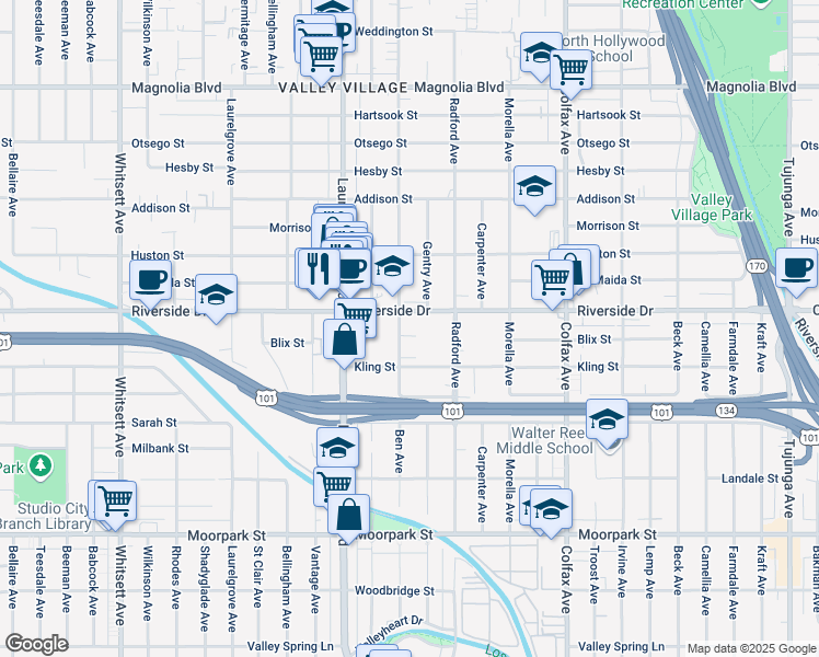 map of restaurants, bars, coffee shops, grocery stores, and more near 4744 Ben Avenue in Los Angeles