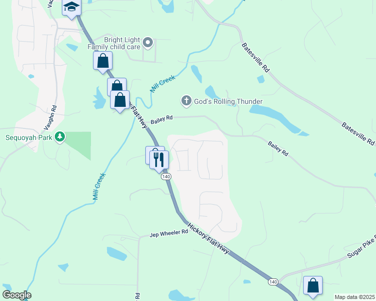 map of restaurants, bars, coffee shops, grocery stores, and more near Village Lane in Cherokee County