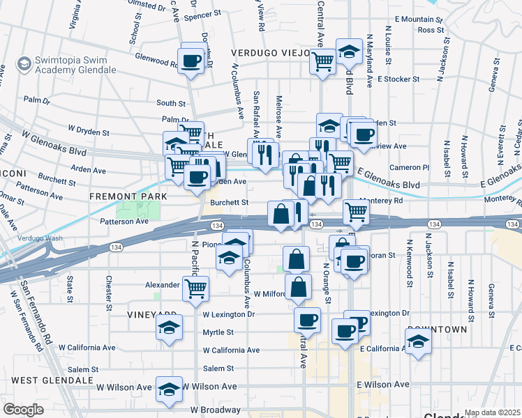 map of restaurants, bars, coffee shops, grocery stores, and more near 360 Burchett Street in Glendale