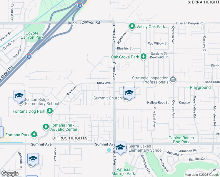 map of restaurants, bars, coffee shops, grocery stores, and more near 5368 Parma Avenue in Fontana