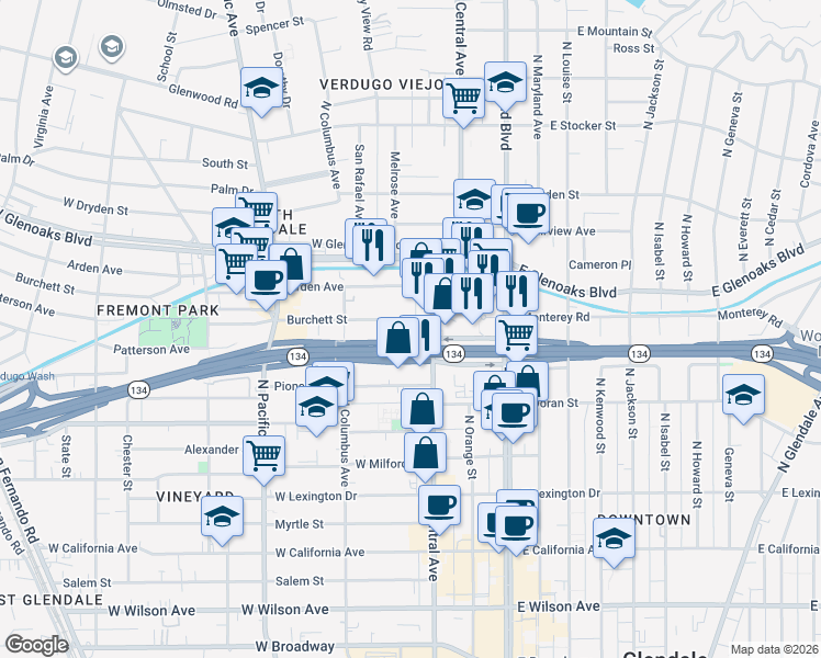 map of restaurants, bars, coffee shops, grocery stores, and more near 715 North Central Avenue in Glendale