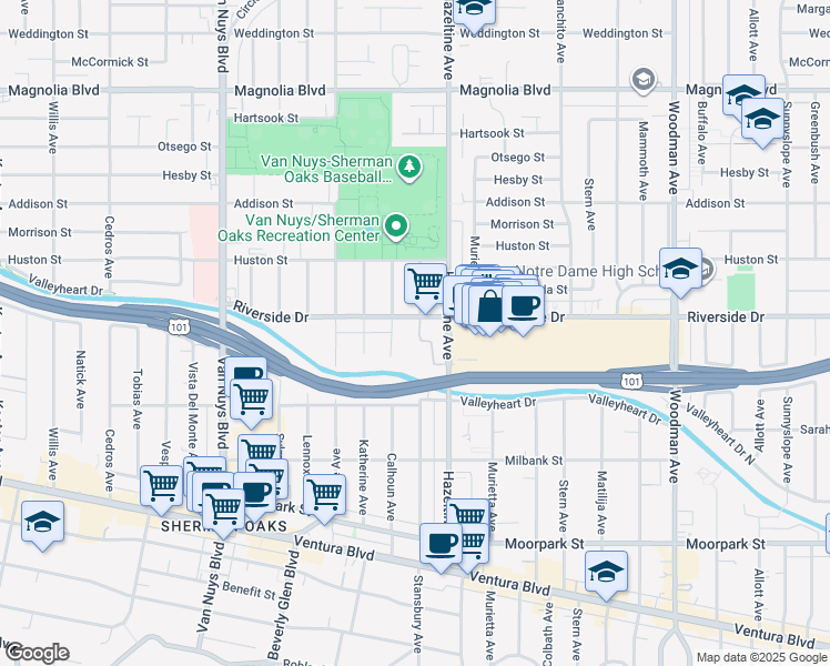 map of restaurants, bars, coffee shops, grocery stores, and more near 14130 Riverside Drive in Los Angeles