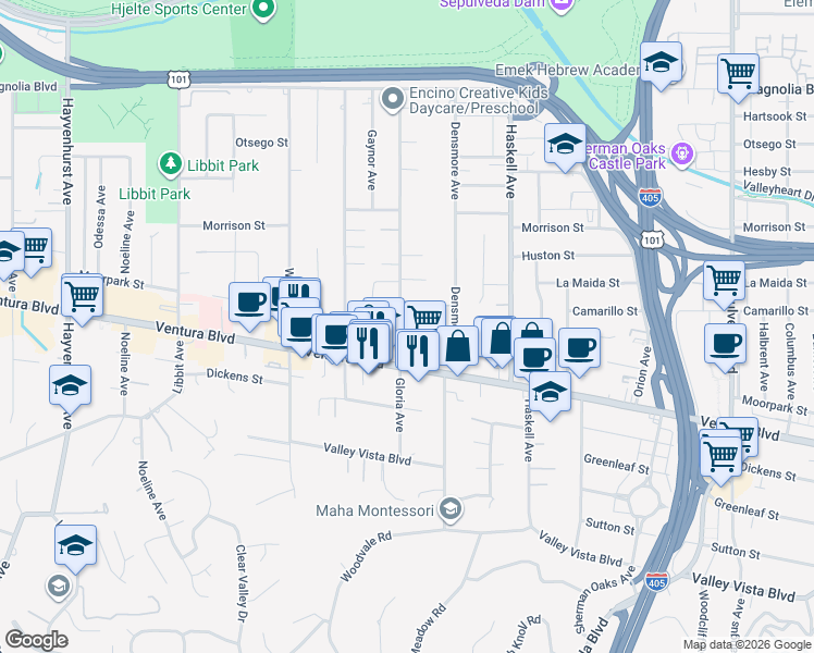 map of restaurants, bars, coffee shops, grocery stores, and more near 15854 Moorpark Street in Los Angeles
