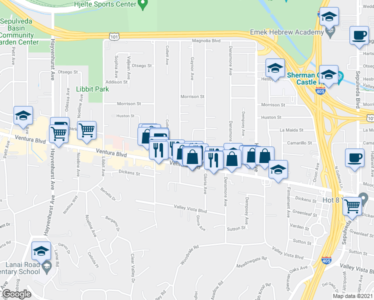 map of restaurants, bars, coffee shops, grocery stores, and more near 15945 Ventura Boulevard in Los Angeles