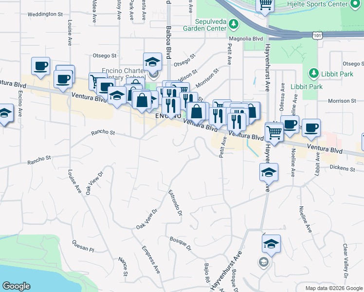 map of restaurants, bars, coffee shops, grocery stores, and more near 4710 Merlin Place in Los Angeles