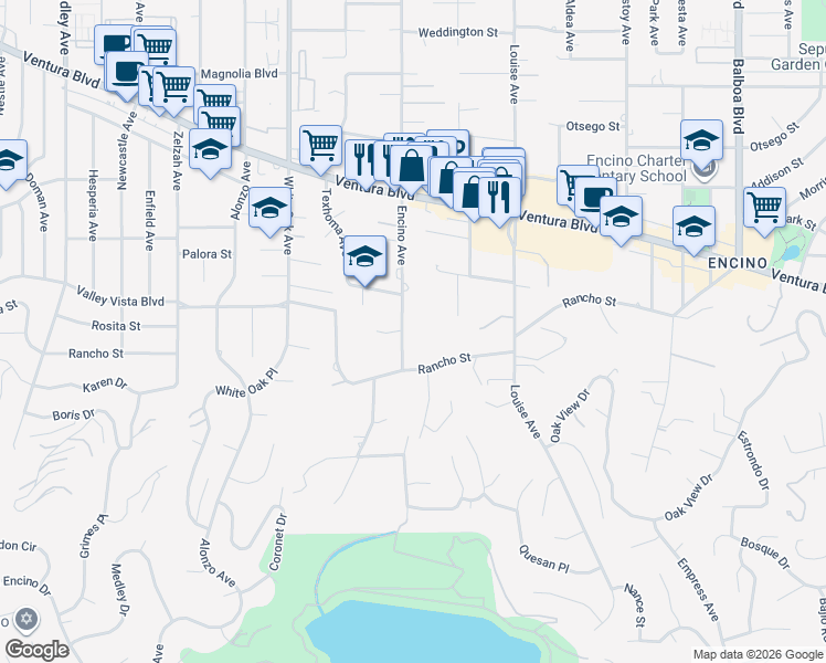 map of restaurants, bars, coffee shops, grocery stores, and more near 4720 Encino Avenue in Los Angeles