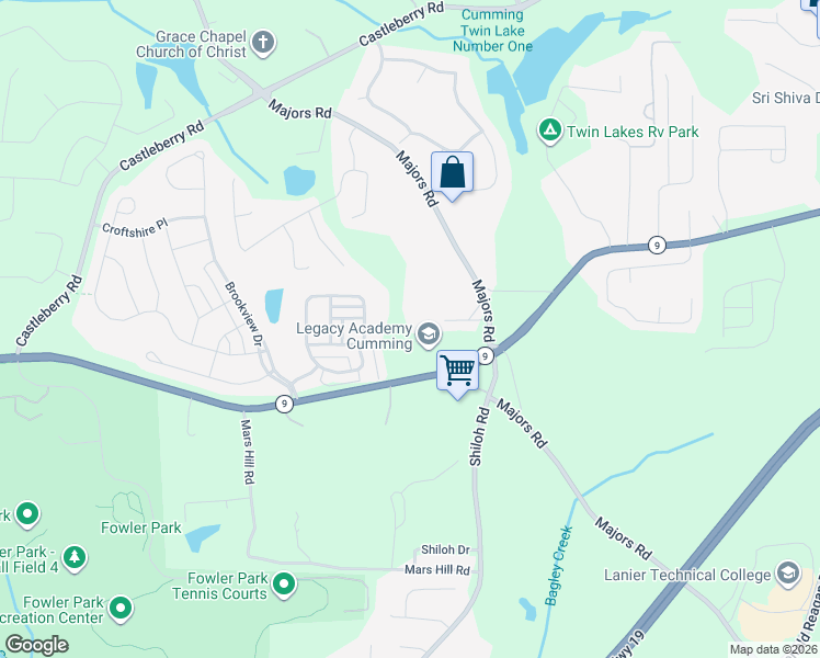 map of restaurants, bars, coffee shops, grocery stores, and more near 7218 Atlanta Highway in Cumming