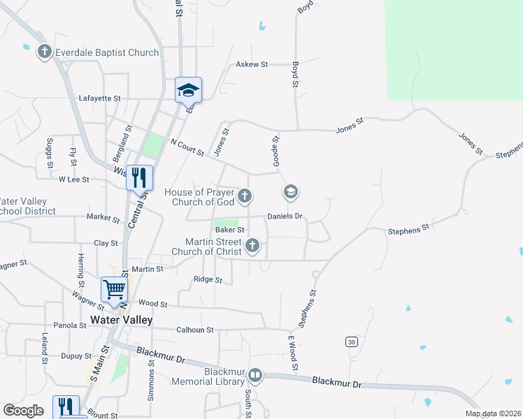 map of restaurants, bars, coffee shops, grocery stores, and more near 718-798 Mills Street in Water Valley