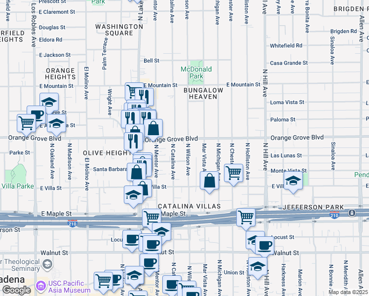 map of restaurants, bars, coffee shops, grocery stores, and more near 643 North Wilson Avenue in Pasadena