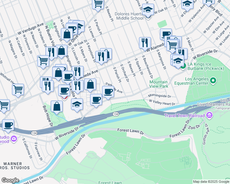 map of restaurants, bars, coffee shops, grocery stores, and more near 2003 West Riverside Drive in Burbank