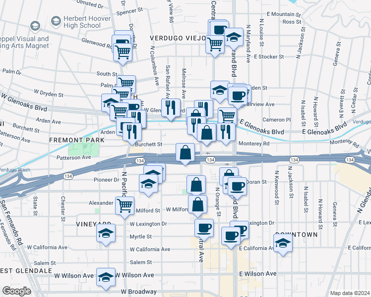 map of restaurants, bars, coffee shops, grocery stores, and more near 330 Burchett Street in Glendale