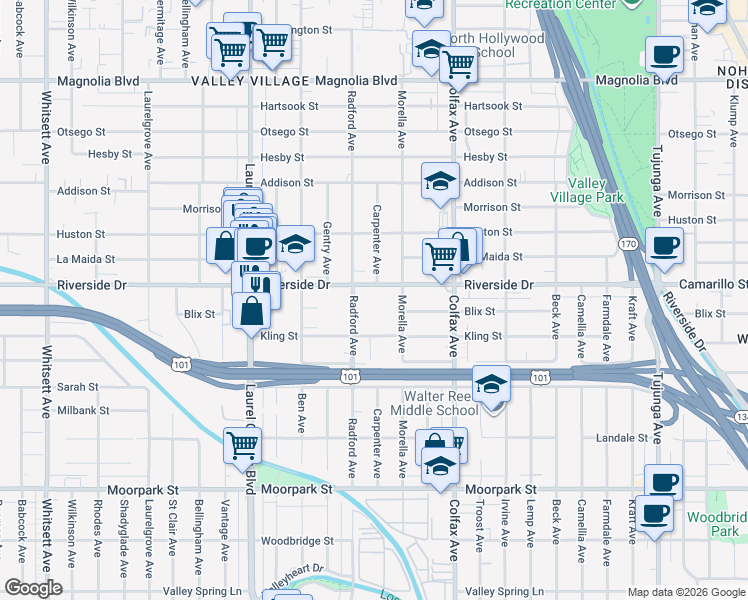 map of restaurants, bars, coffee shops, grocery stores, and more near 11840 Riverside Dr in Valley Village