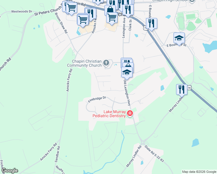 map of restaurants, bars, coffee shops, grocery stores, and more near 121 Fair Haven Way in Chapin