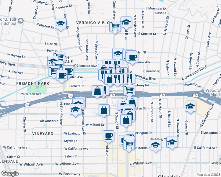 map of restaurants, bars, coffee shops, grocery stores, and more near 207 Goode Avenue in Glendale