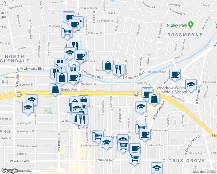map of restaurants, bars, coffee shops, grocery stores, and more near 719 North Jackson Street in Glendale