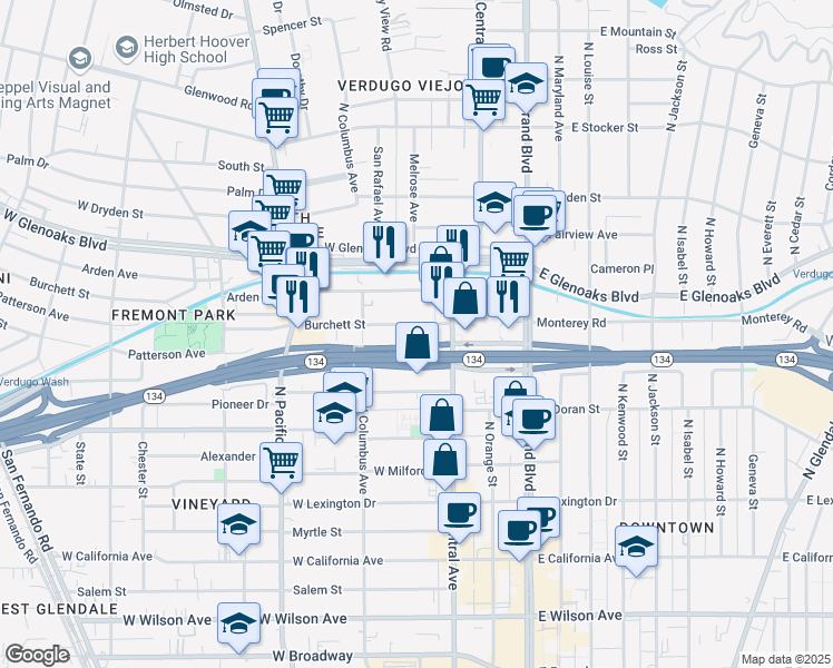 map of restaurants, bars, coffee shops, grocery stores, and more near 330 Burchett Street in Glendale