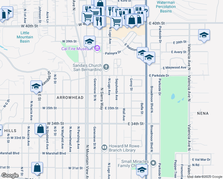 map of restaurants, bars, coffee shops, grocery stores, and more near 3598 Sepulveda Avenue in San Bernardino