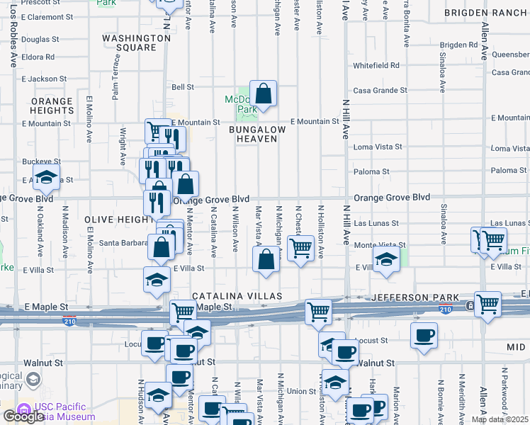 map of restaurants, bars, coffee shops, grocery stores, and more near 614 Mar Vista Avenue in Pasadena