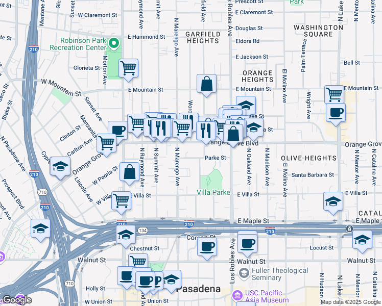 map of restaurants, bars, coffee shops, grocery stores, and more near 282 Parke Street in Pasadena