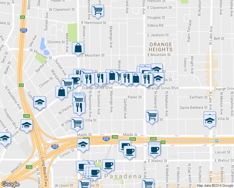 map of restaurants, bars, coffee shops, grocery stores, and more near 612 North Marengo Avenue in Pasadena