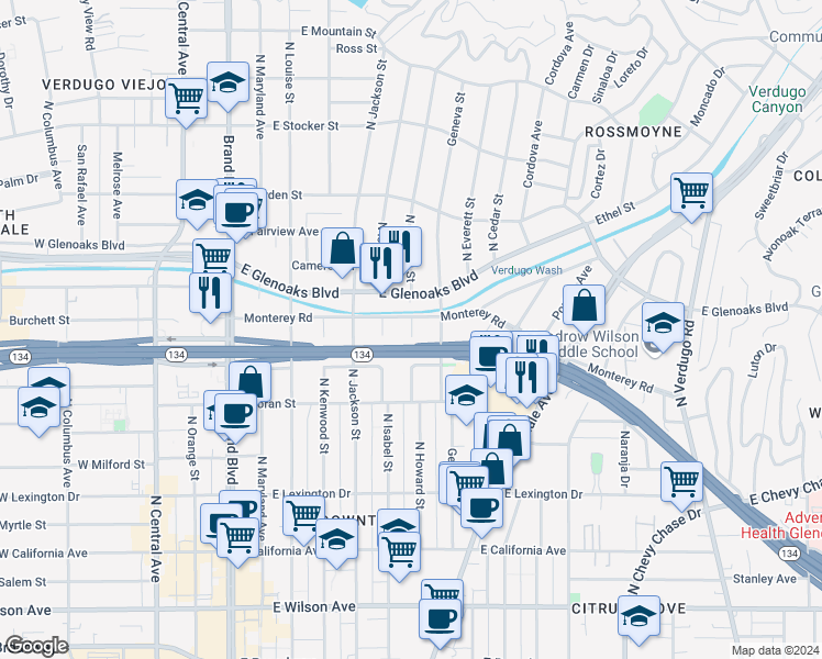 map of restaurants, bars, coffee shops, grocery stores, and more near 709 North Howard Street in Glendale