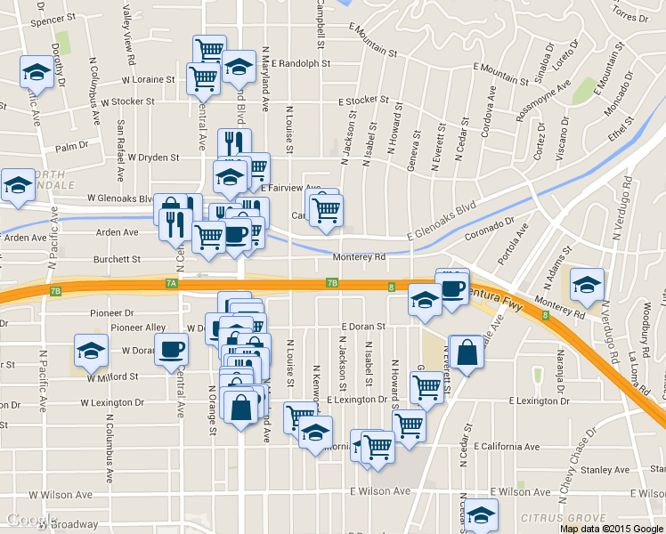 map of restaurants, bars, coffee shops, grocery stores, and more near 708 North Kenwood Street in Glendale