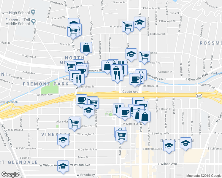 map of restaurants, bars, coffee shops, grocery stores, and more near 350 Burchett Street in Glendale