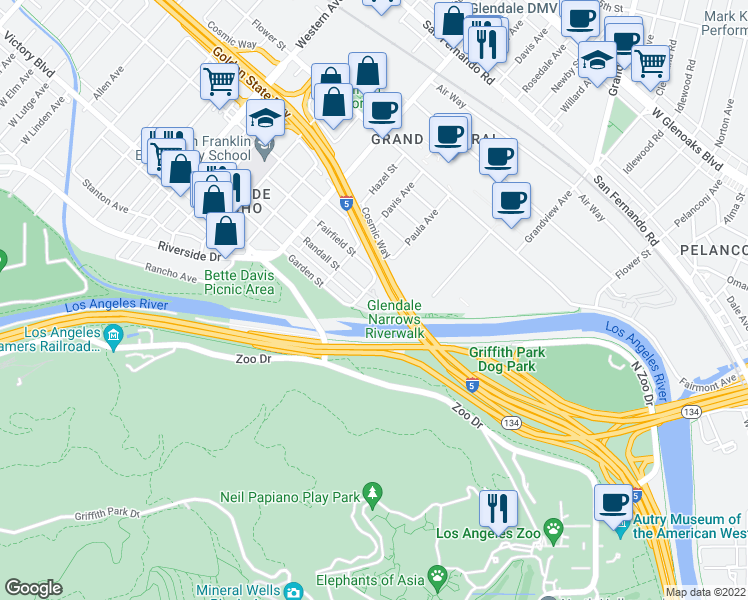 map of restaurants, bars, coffee shops, grocery stores, and more near Golden State Freeway in Glendale