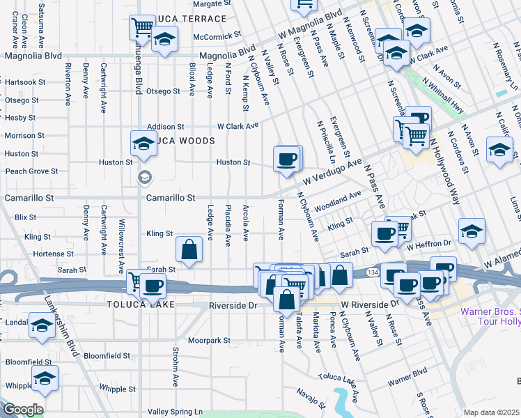 map of restaurants, bars, coffee shops, grocery stores, and more near 4714 Arcola Avenue in Los Angeles