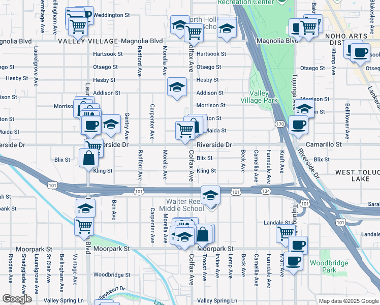 map of restaurants, bars, coffee shops, grocery stores, and more near 11656 Blix Street in Los Angeles