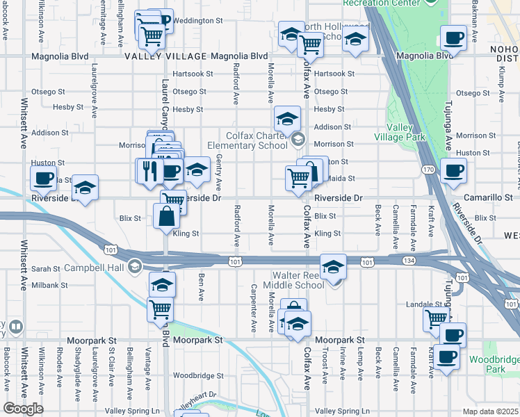 map of restaurants, bars, coffee shops, grocery stores, and more near 4729 Morella Avenue in Los Angeles