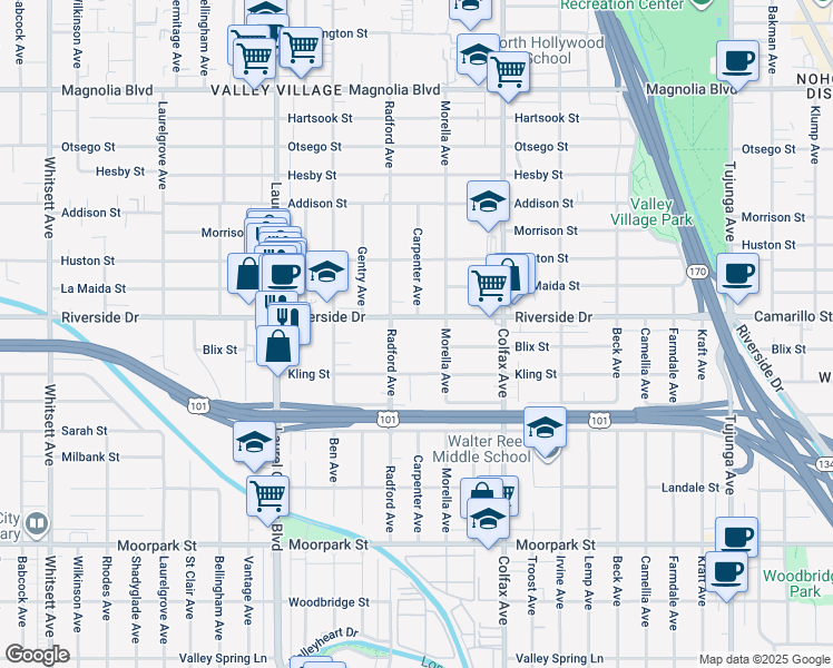 map of restaurants, bars, coffee shops, grocery stores, and more near 11840 Riverside Dr in Valley Village