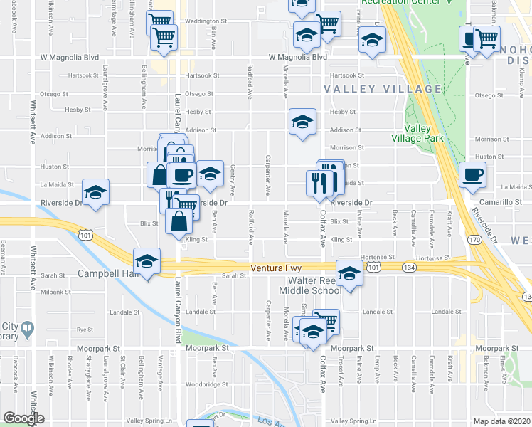 map of restaurants, bars, coffee shops, grocery stores, and more near 4729 Morella Avenue in Los Angeles