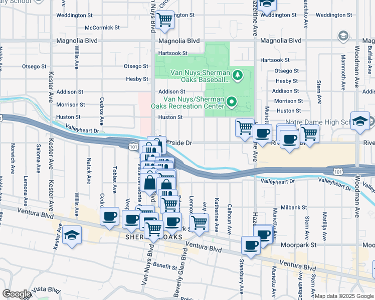 map of restaurants, bars, coffee shops, grocery stores, and more near 14348 Riverside Drive in Los Angeles