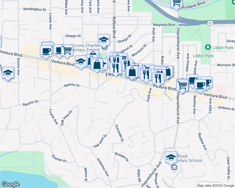 map of restaurants, bars, coffee shops, grocery stores, and more near 4710 Merlin Place in Los Angeles