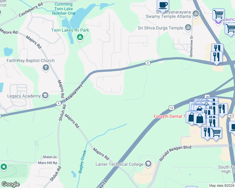 map of restaurants, bars, coffee shops, grocery stores, and more near 3120 Cross Creek Drive in Cumming