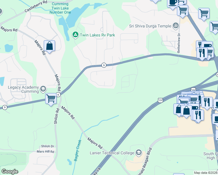 map of restaurants, bars, coffee shops, grocery stores, and more near 3116 Cross Creek Drive in Cumming