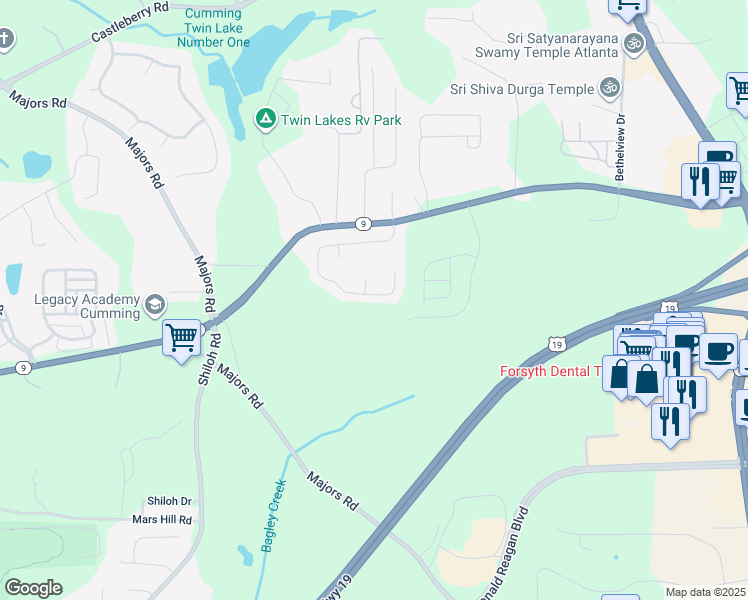 map of restaurants, bars, coffee shops, grocery stores, and more near 3124 Cross Creek Drive in Cumming