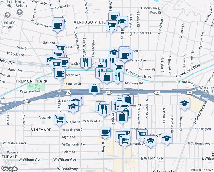 map of restaurants, bars, coffee shops, grocery stores, and more near 700 North Central Avenue in Glendale