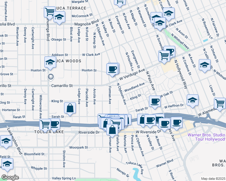 map of restaurants, bars, coffee shops, grocery stores, and more near 4758 Forman Avenue in Los Angeles