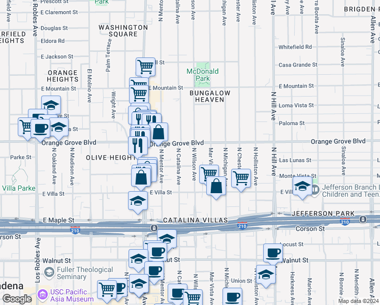 map of restaurants, bars, coffee shops, grocery stores, and more near 643 North Wilson Avenue in Pasadena