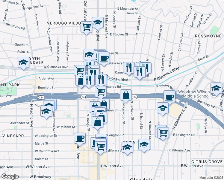 map of restaurants, bars, coffee shops, grocery stores, and more near 222 Monterey Road in Glendale