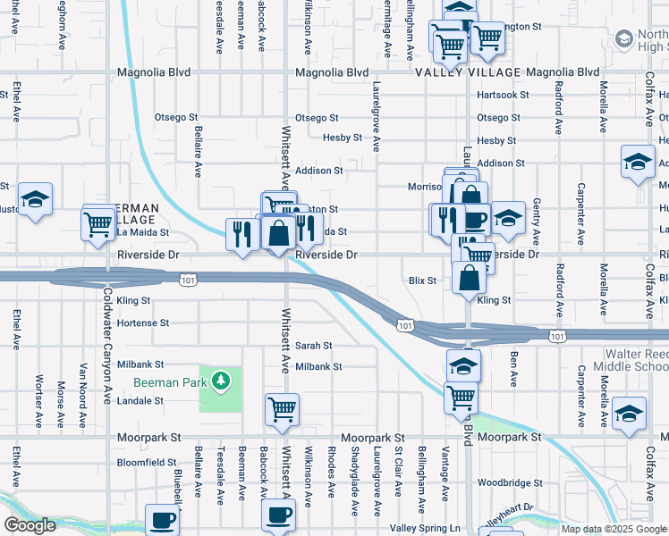 map of restaurants, bars, coffee shops, grocery stores, and more near 12360 Riverside Dr in Valley Village