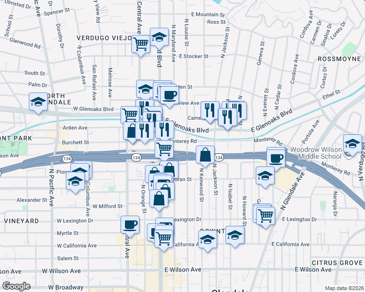 map of restaurants, bars, coffee shops, grocery stores, and more near 222 Monterey Road in Glendale
