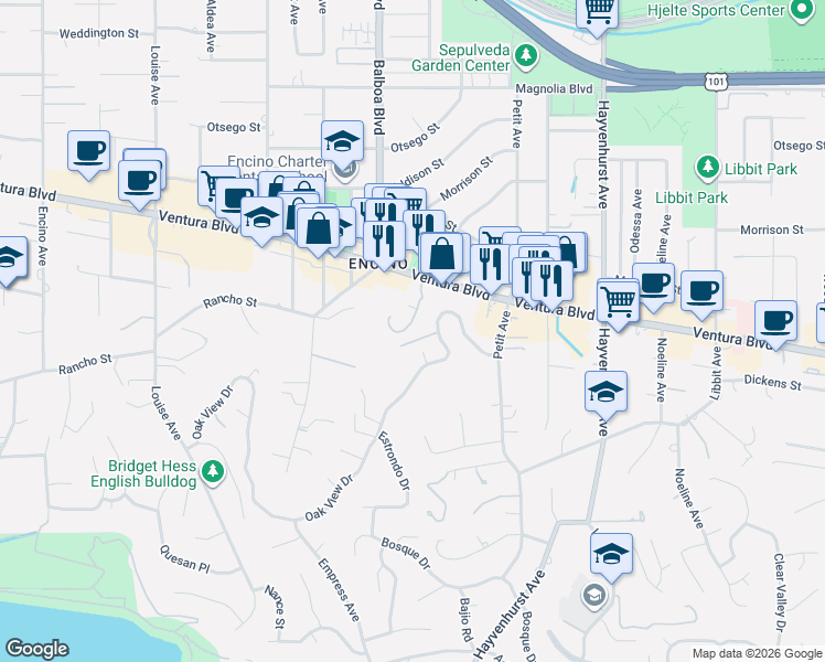 map of restaurants, bars, coffee shops, grocery stores, and more near 4736 Park Encino Lane in Los Angeles