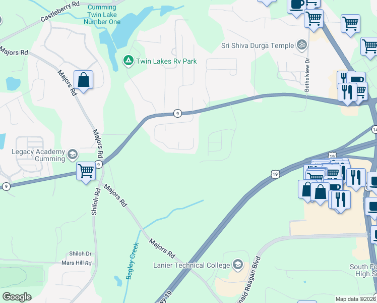 map of restaurants, bars, coffee shops, grocery stores, and more near 3120 Cross Creek Drive in Cumming