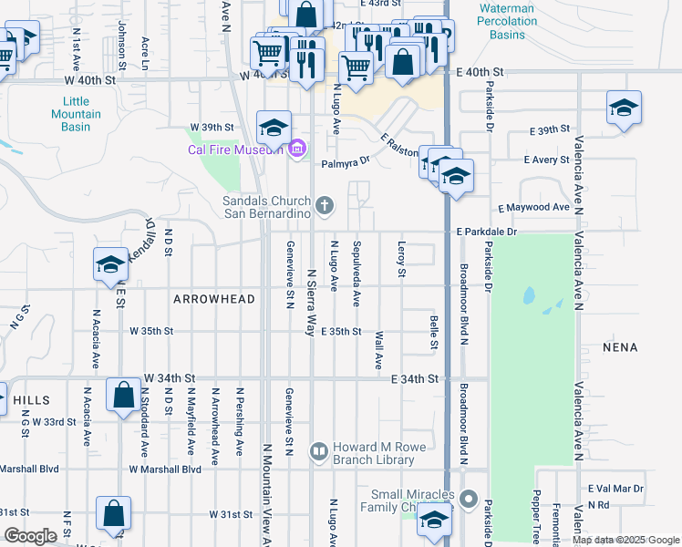 map of restaurants, bars, coffee shops, grocery stores, and more near 3598 Sepulveda Avenue in San Bernardino