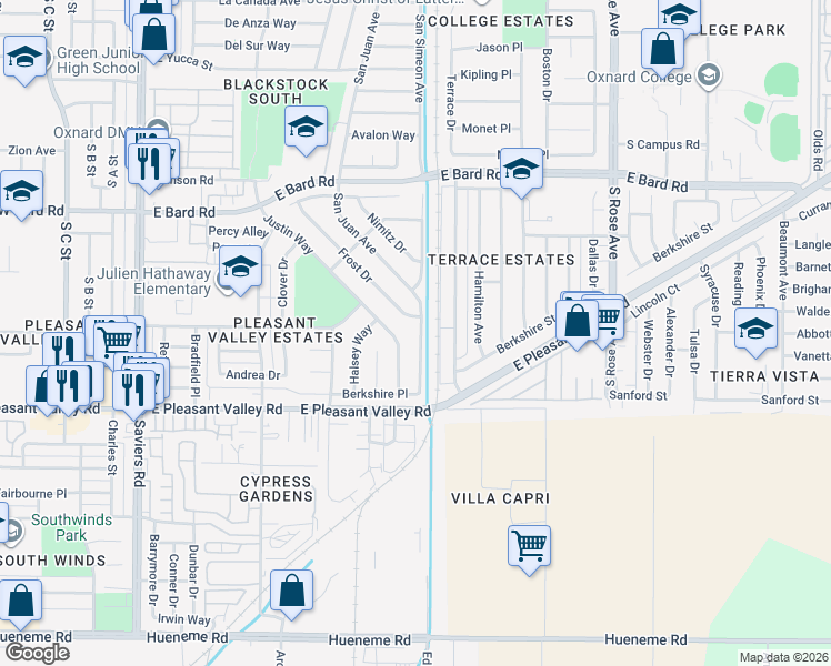 map of restaurants, bars, coffee shops, grocery stores, and more near 4900 Justin Way in Oxnard