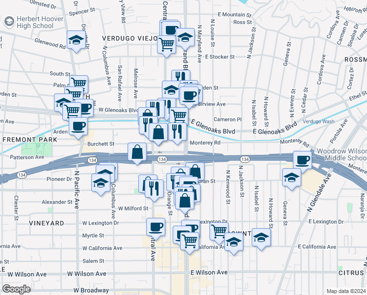 map of restaurants, bars, coffee shops, grocery stores, and more near 222 Monterey Road in Glendale