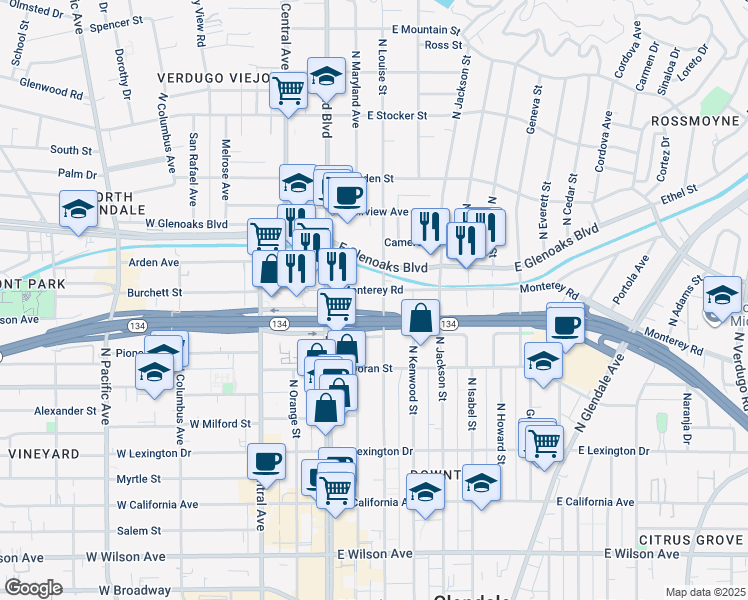 map of restaurants, bars, coffee shops, grocery stores, and more near 222 Monterey Road in Glendale